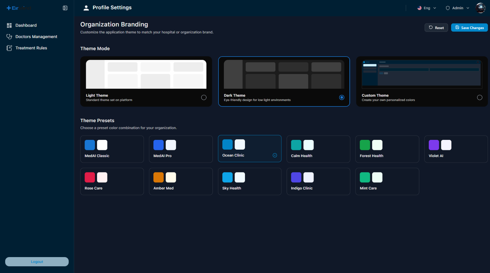 EirMind organisation branding settings with theme modes and colour presets