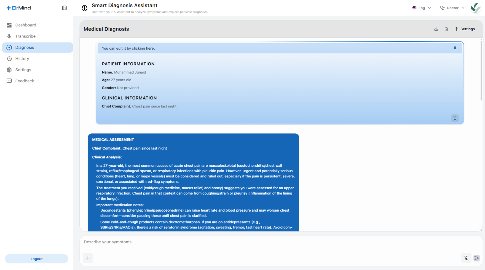 EirMind smart diagnosis assistant with a structured medical assessment
