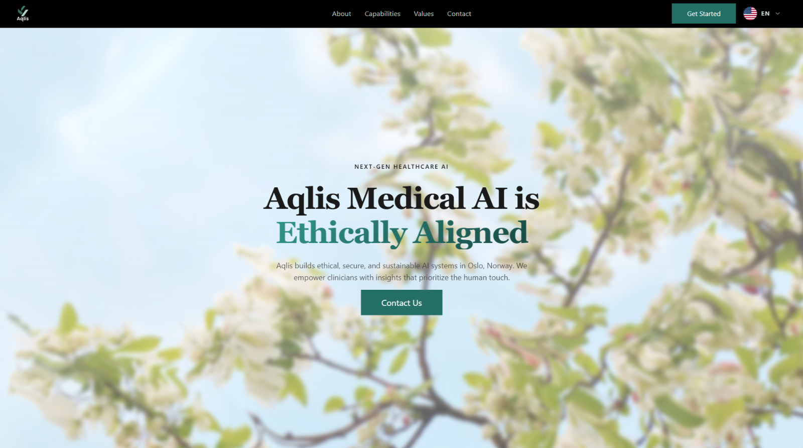 Aqlis company website hero: Aqlis Medical AI is ethically aligned