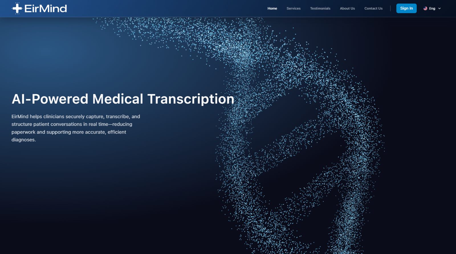EirMind landing page hero: AI-powered medical transcription