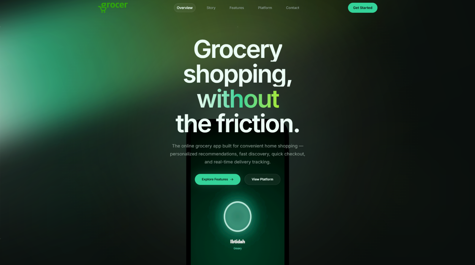 Grocery concept landing page hero: grocery shopping without the friction