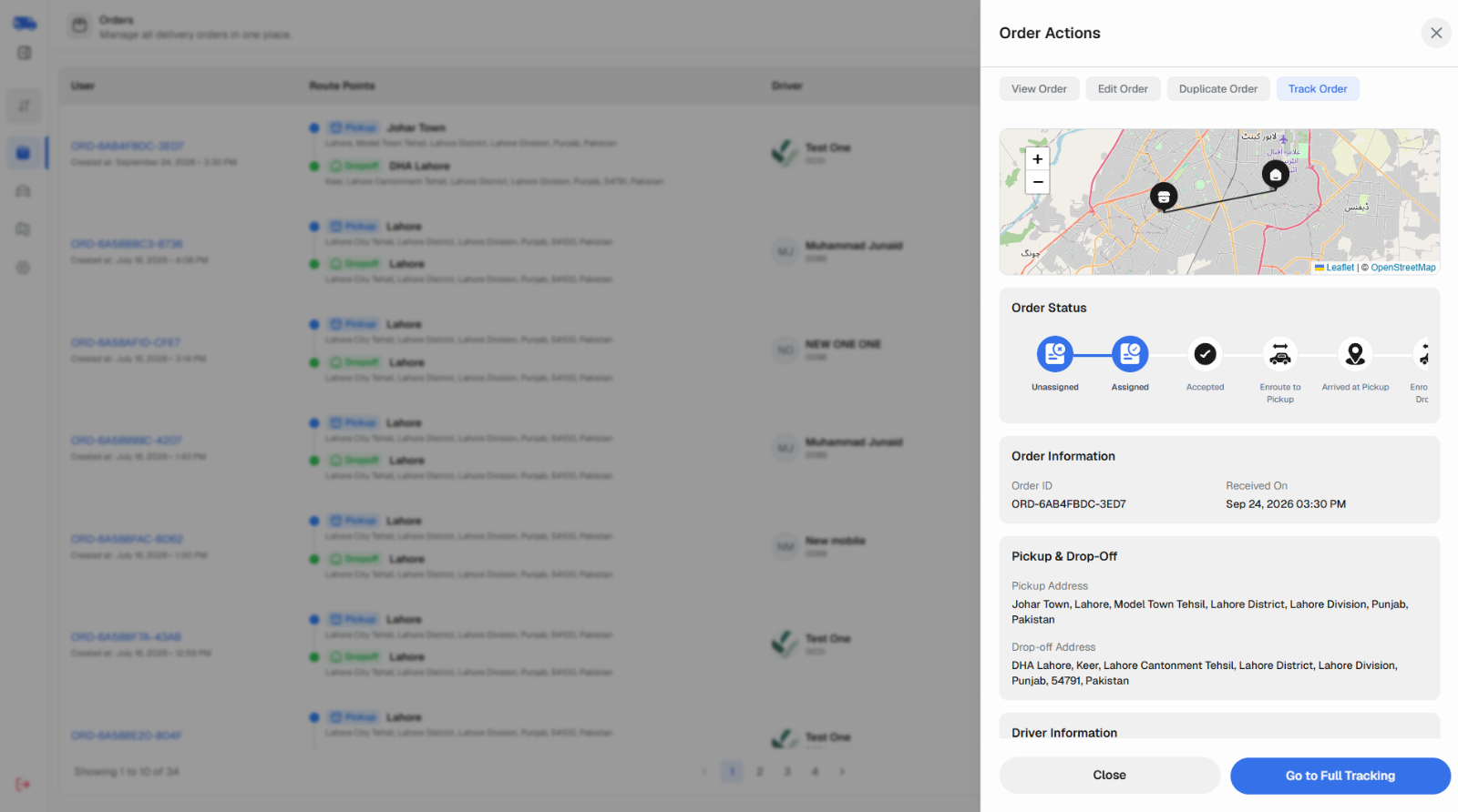 Logistics dashboard order tracking with status steps