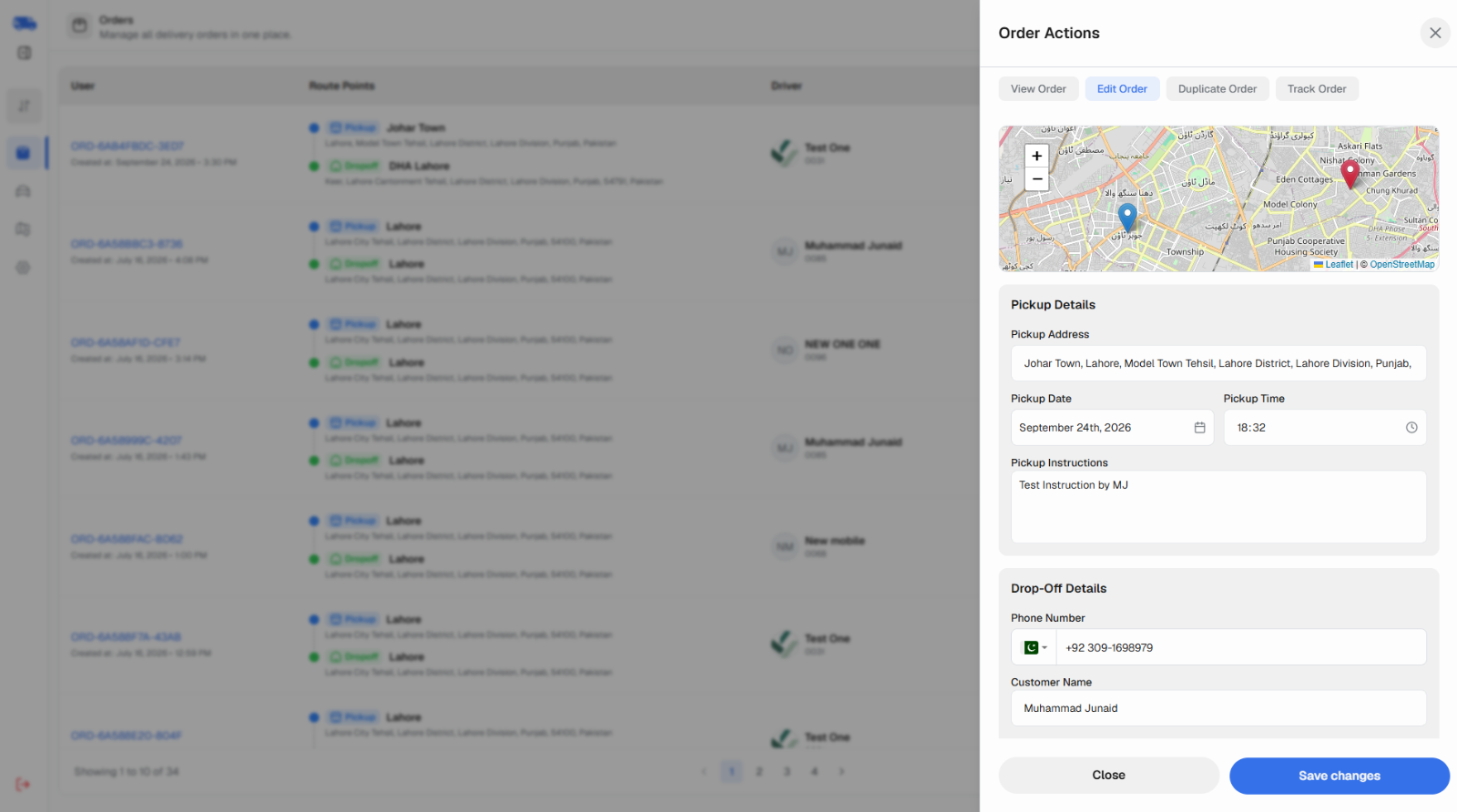 Logistics dashboard edit order panel
