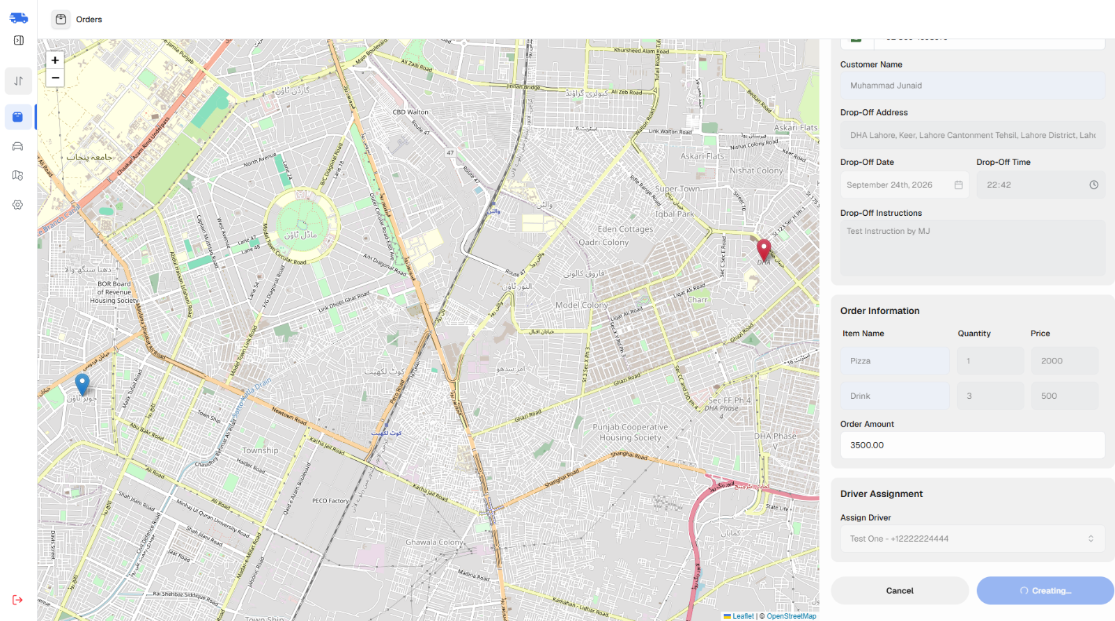 Logistics dashboard create-order form with map and driver assignment