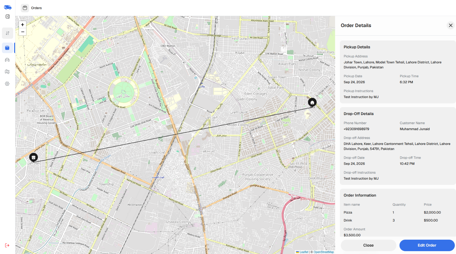 Logistics dashboard order details with the pickup and drop-off route