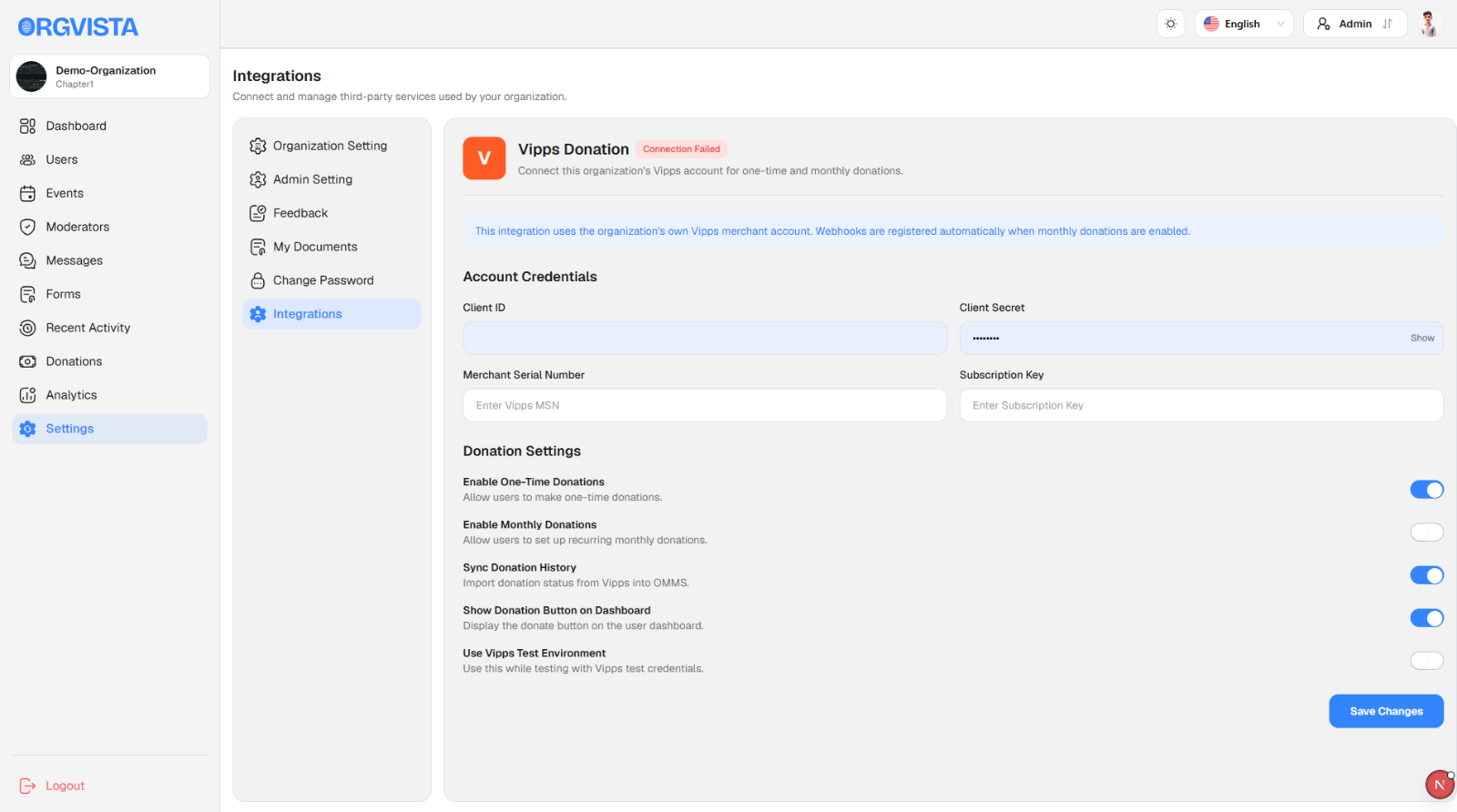 Orgvista Vipps donation integration settings