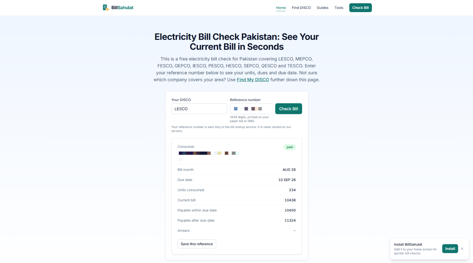 BillSahulat electricity bill lookup with a bill summary