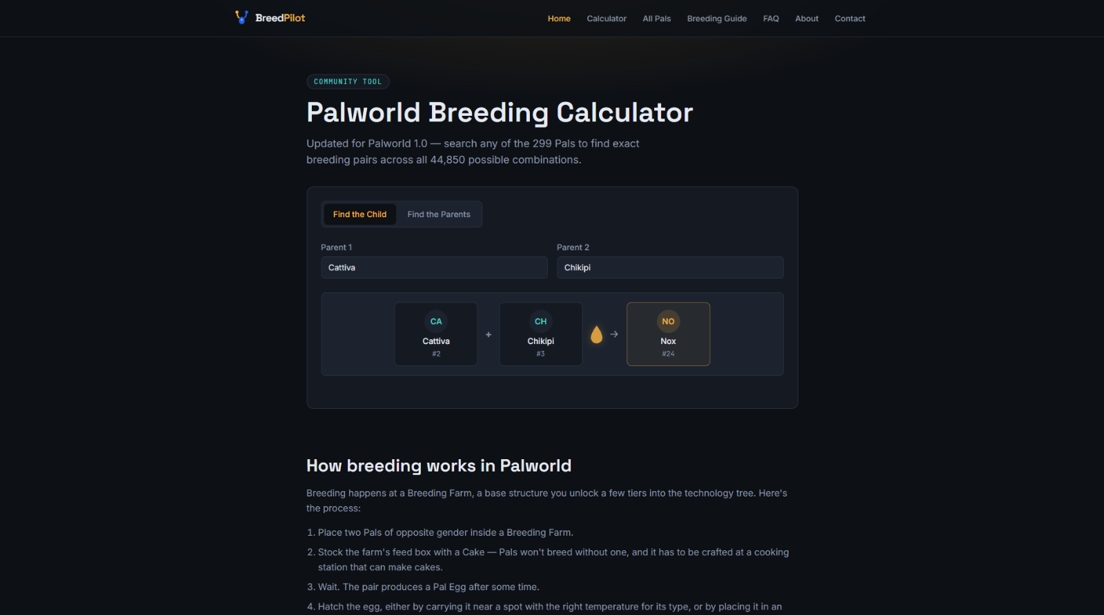 BreedPilot Palworld breeding calculator finding a child Pal from two parents