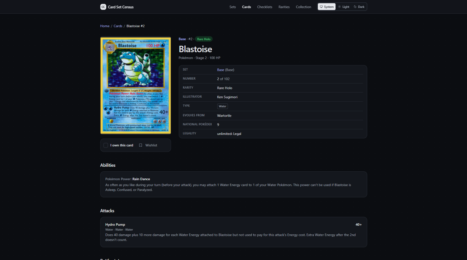 CardSetCensus card page for Blastoise with set details