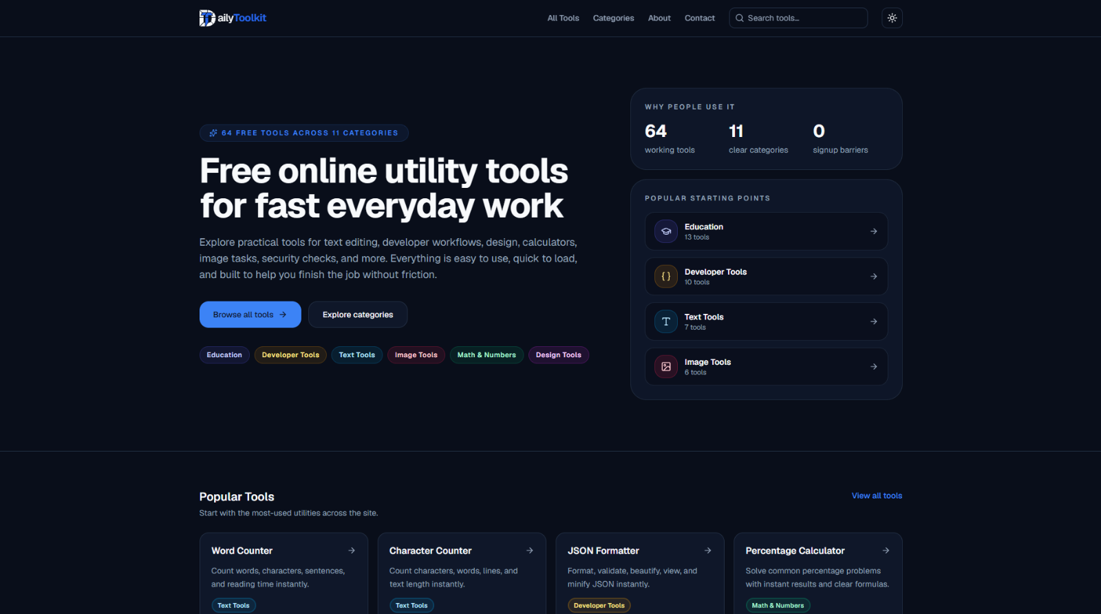 DailyToolkit home page with tool categories and popular tools