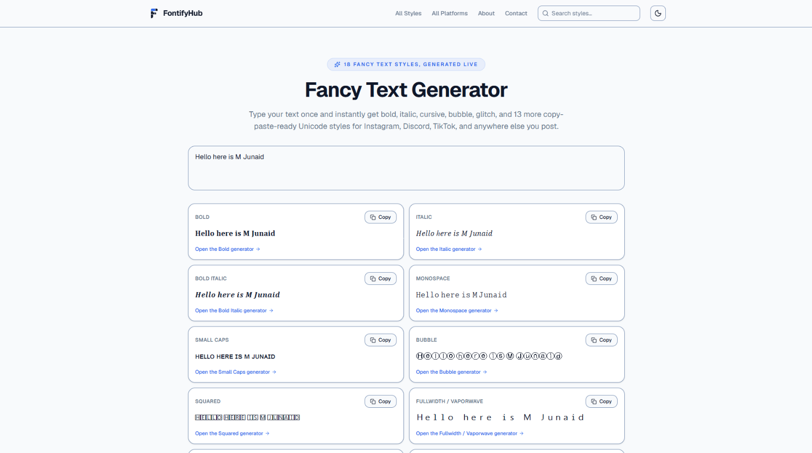 FontifyHub fancy text generator showing text in several Unicode styles